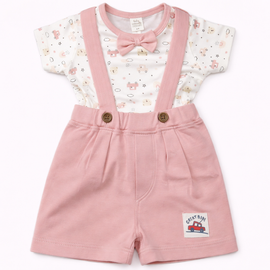 Printed Jumper with Bow Tie & Suspender-Style Shorts