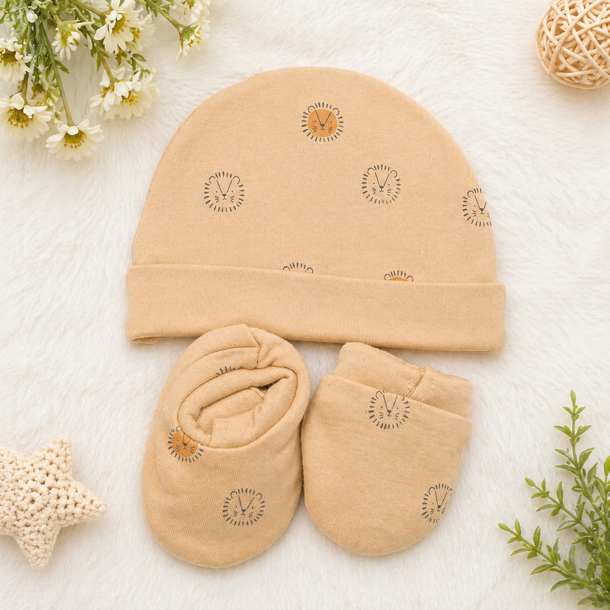 Newborn Baby Cotton Cap & Mittens Set Soft Brown Printed Essentials- Cutypi