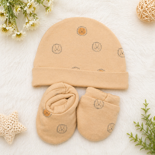 Newborn Baby Cotton Cap & Mittens Set Soft Brown Printed Essentials- Cutypi