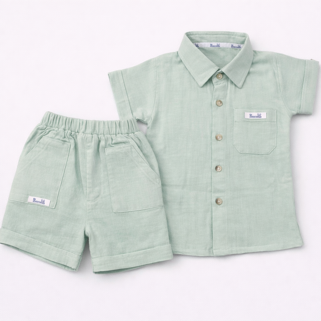 Little Bunny Kids Mint Green Muslin Cotton Collared Shirt & Shorts Set  - Cutypi