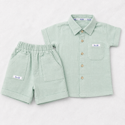 Kids Mint Green Muslin Cotton Collared Shirt & Shorts Set