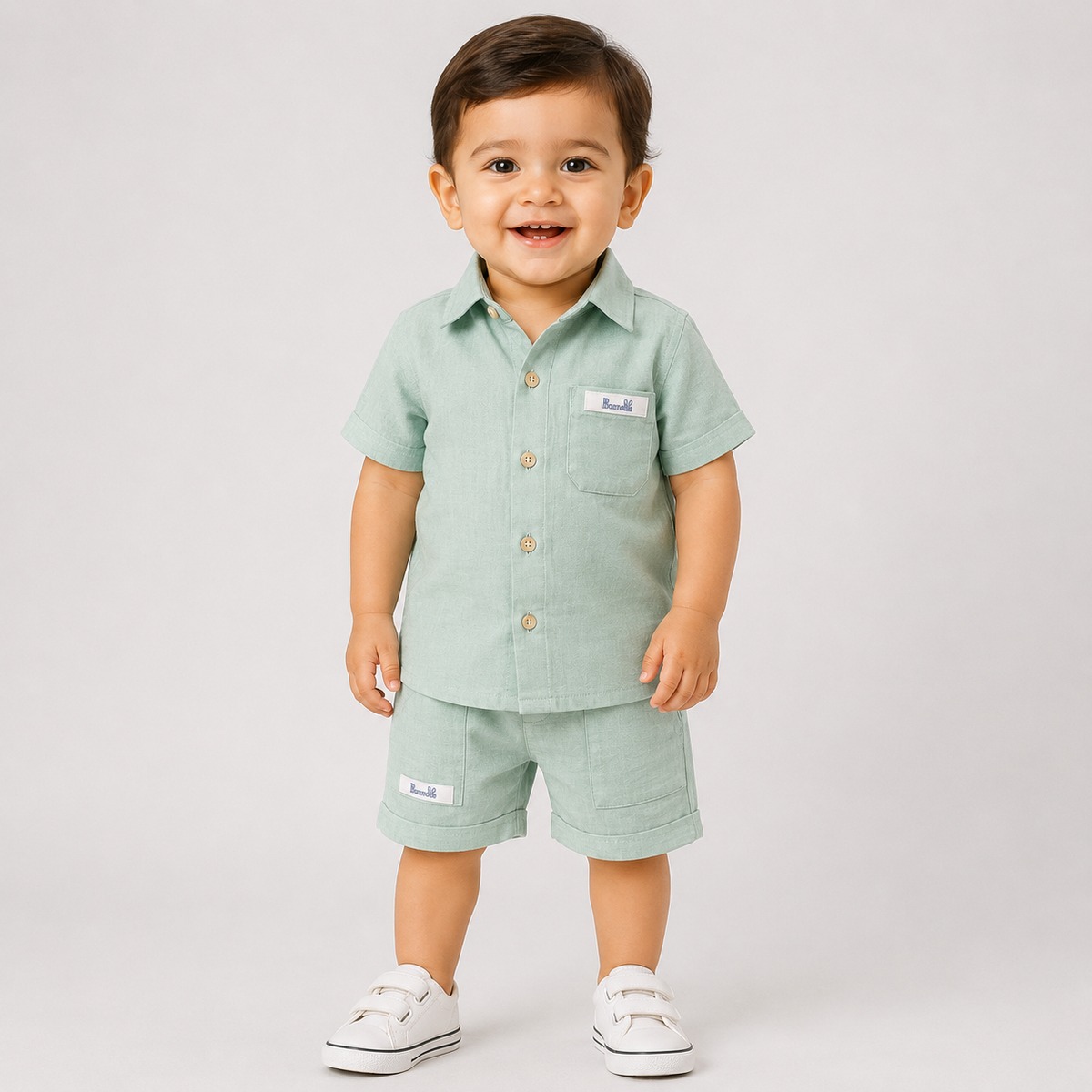 Kids Mint Green Muslin Cotton Collared Shirt & Shorts Set