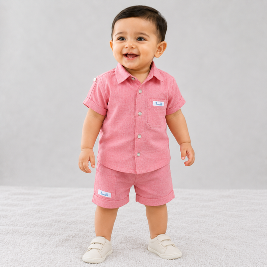 Kids Mint Pink Muslin Cotton Collared Shirt & Shorts Set