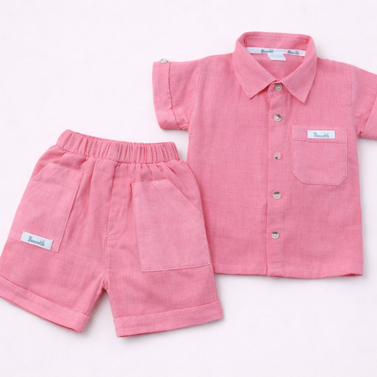 Little Bunny Kids Mint Pink Muslin Cotton Collared Shirt & Shorts Set  - Cutypi