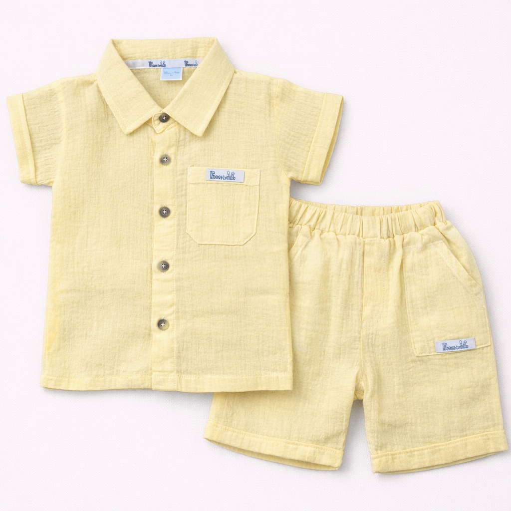 Little Bunny Kids Mint Yellow Muslin Cotton Collared Shirt & Shorts Set  - Cutypi