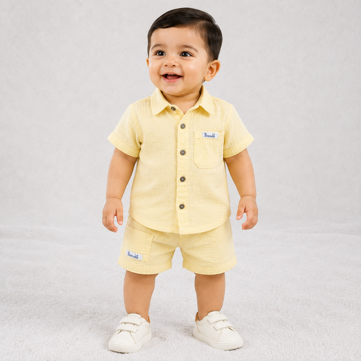 Little Bunny baby boys yellow textured shirt and shorts set with front pockets