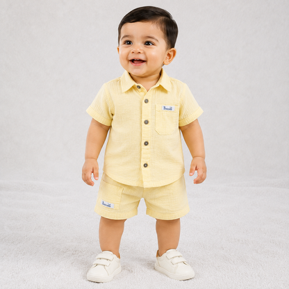 Little Bunny baby boys yellow textured shirt and shorts set with front pockets