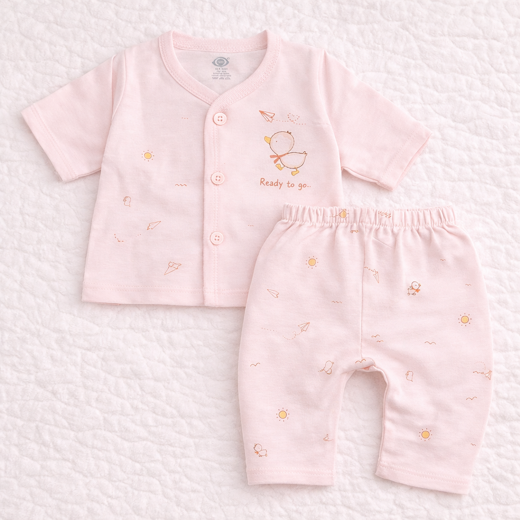 Zero Newborn Cotton Front Open Printed Top & Pant Set - Light Pink - Cutypi