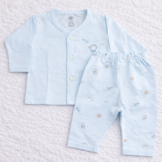 Zero Newborn Cotton Front Open Printed Top & Pant Set - Light Blue - Cutypi