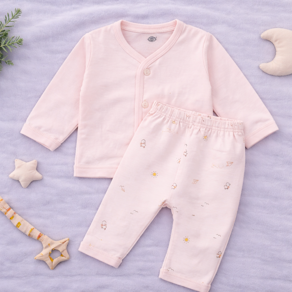 Zero Newborn Cotton Front Open Printed Top & Pant Set - Peach - Cutypi