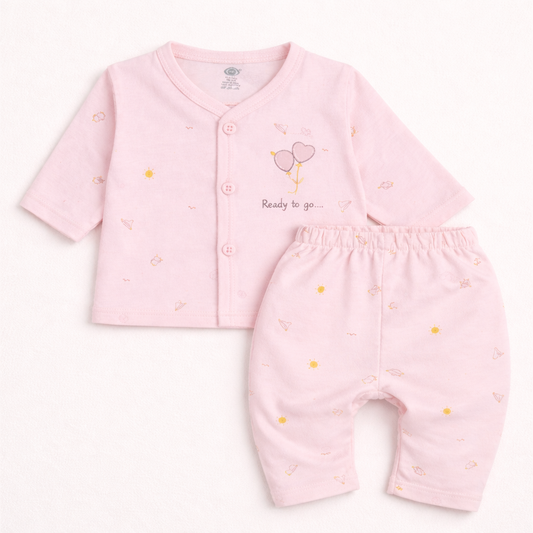 Zero Newborn Cotton Front Open Printed Top & Pant Set - Pink - Cutypi