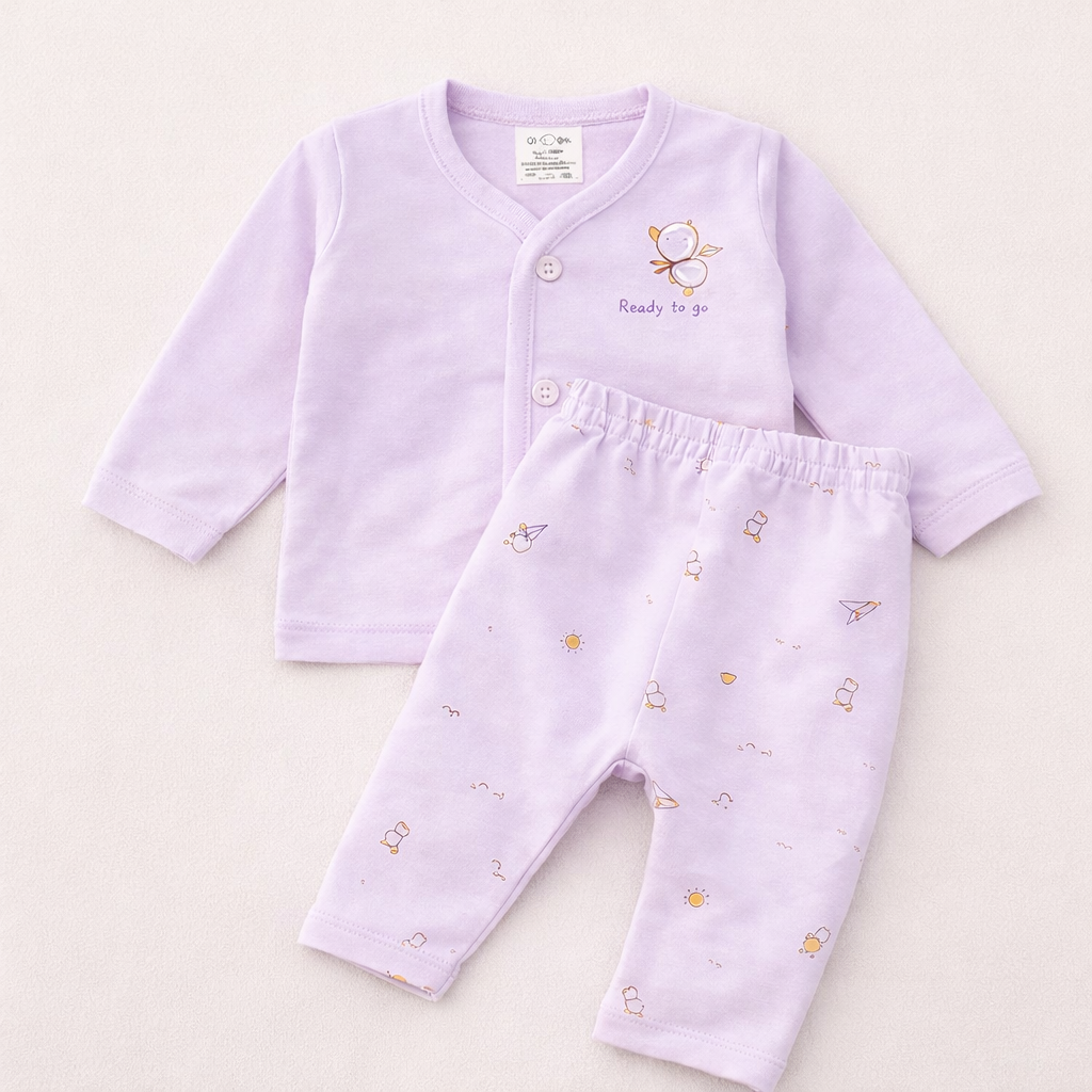 Zero Newborn Cotton Front Open Printed Top & Pant Set - Purple - Cutypi