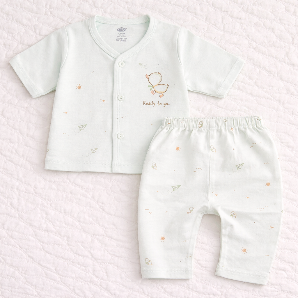 Zero Newborn Cotton Front Open Printed Top & Pant Set - Light Green - Cutypi