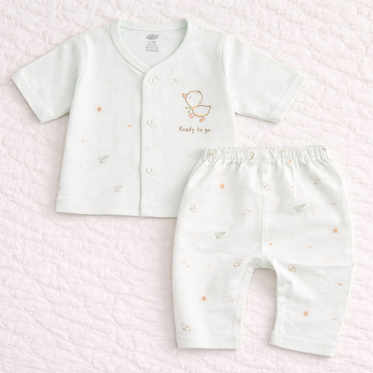 Zero Newborn Cotton Front Open Printed Top & Pant Set - Light Green - Cutypi