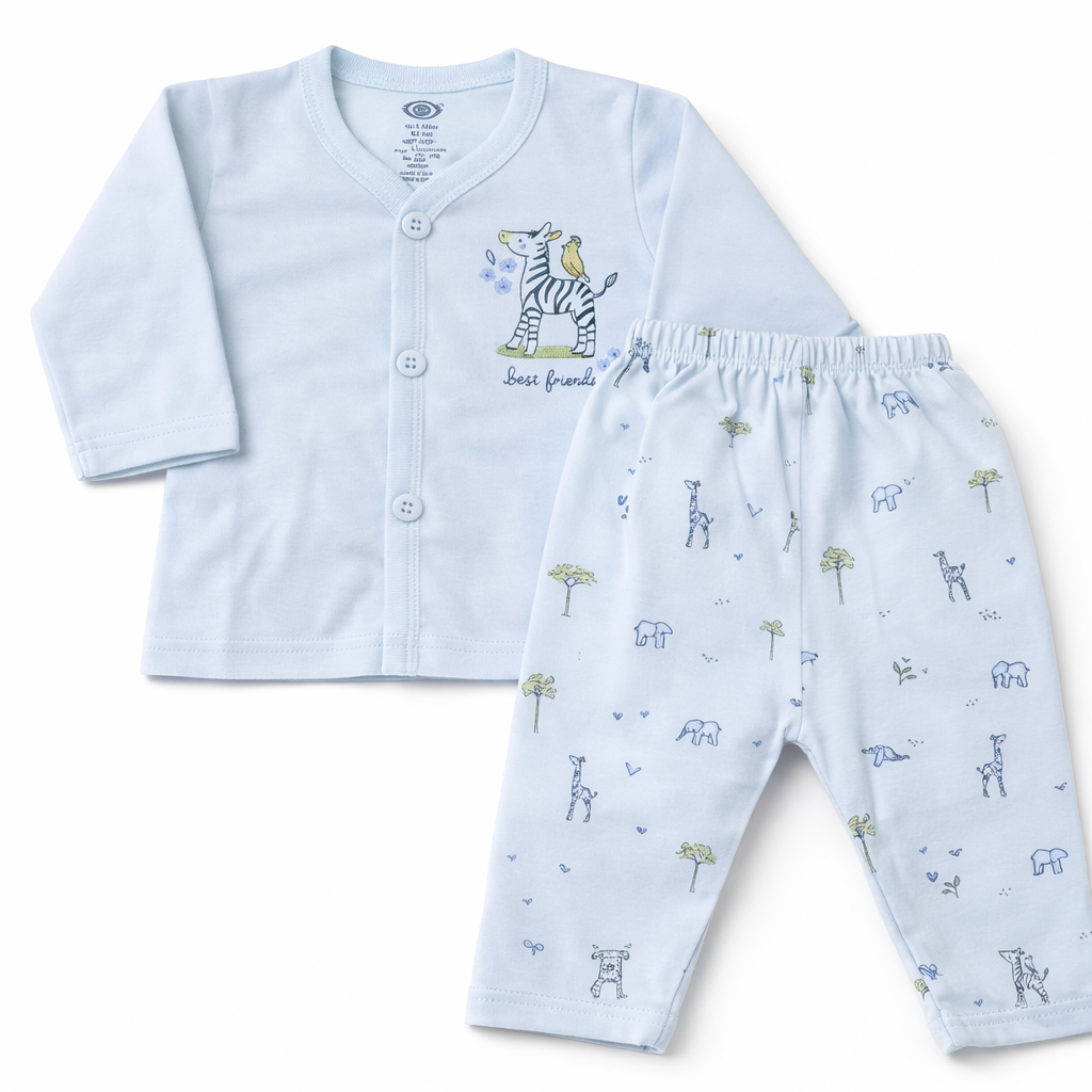Zero Blue “Best Friends” Safari Baby Pajama Set – Soft Cotton 2-Piece Outfit - Cutypi