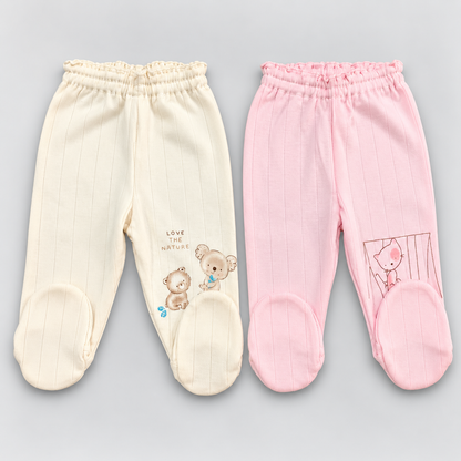 Zero baby footed pants set of 2 in cream and pink with cute animal prints, elastic waistbands and covered feet