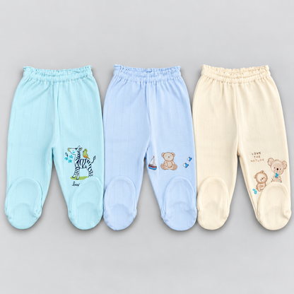 Zero baby cotton footed pajama pants in green, light blue and cream with cute animal prints and elastic waistbands