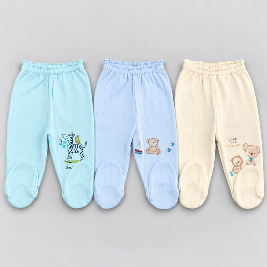 Zero baby cotton footed pajama pants in green, light blue and cream with cute animal prints and elastic waistbands