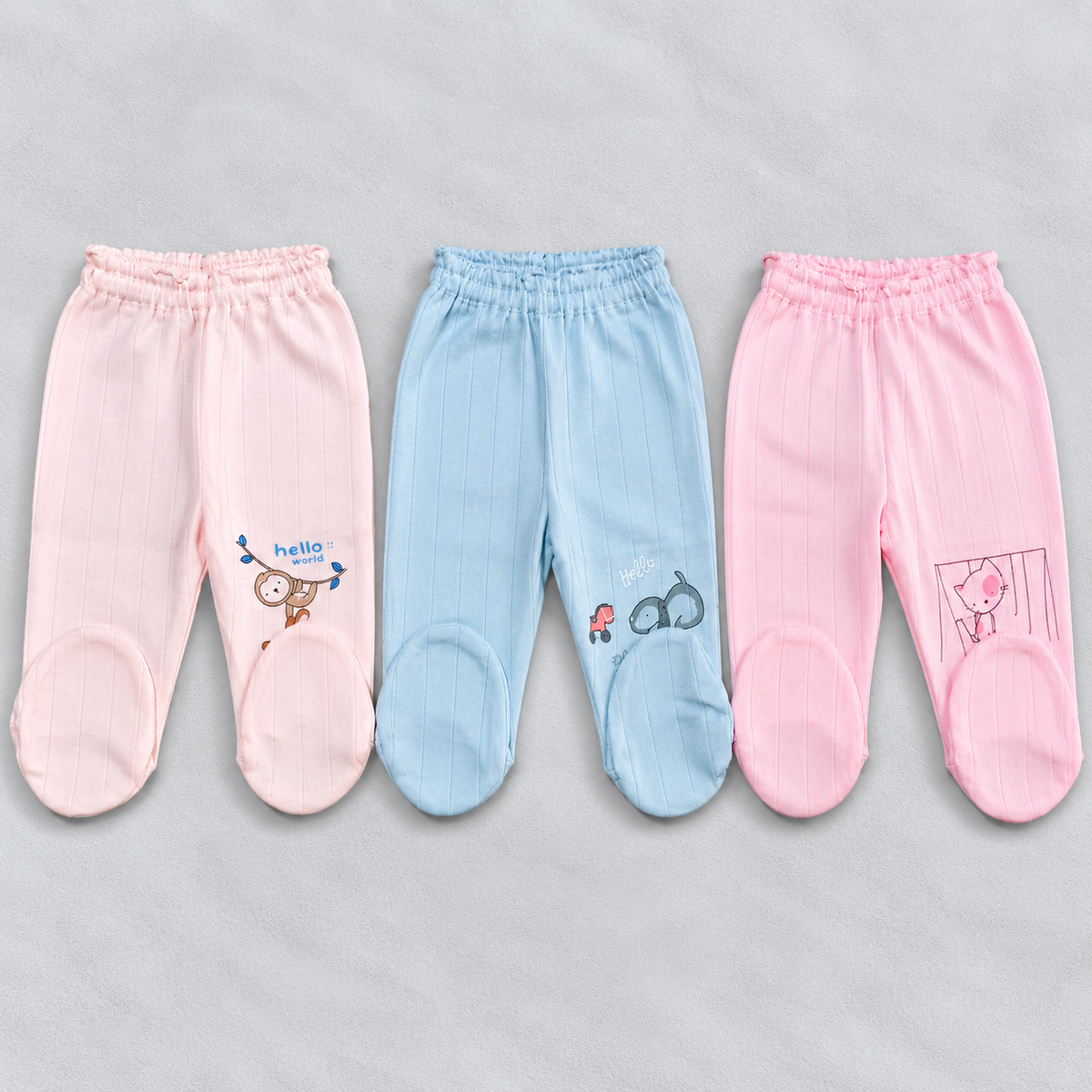 Zero baby footed pajama pants set of 3 in pink, blue and light pink with cute animal prints and elastic waistbands