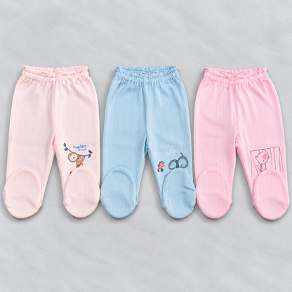 Zero baby footed pajama pants set of 3 in pink, blue and light pink with cute animal prints and elastic waistbands