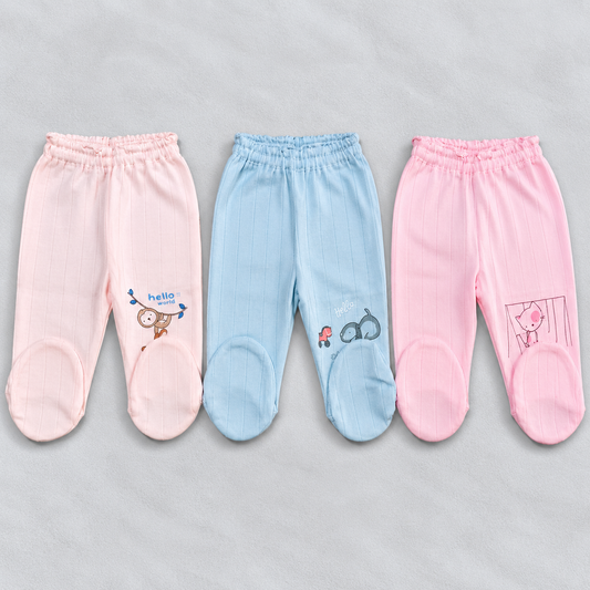 Zero baby footed pajama pants set of 3 in pink, blue and light pink with cute animal prints and elastic waistbands