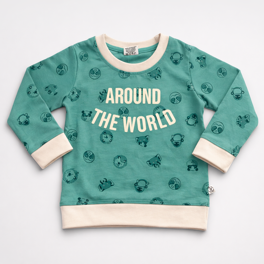 Krunchy Green “Around The World” Kids Sweatshirt – Full Sleeve Cotton Pullover - Cutypi