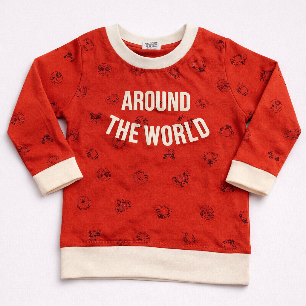Krunchy Red “Around The World” Kids Sweatshirt – Full Sleeve Cotton Pullover - Cutypi