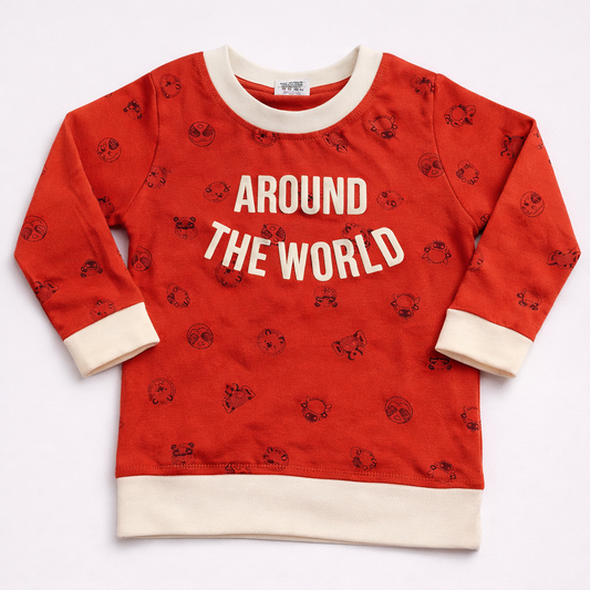 Krunchy Red “Around The World” Kids Sweatshirt – Full Sleeve Cotton Pullover - Cutypi