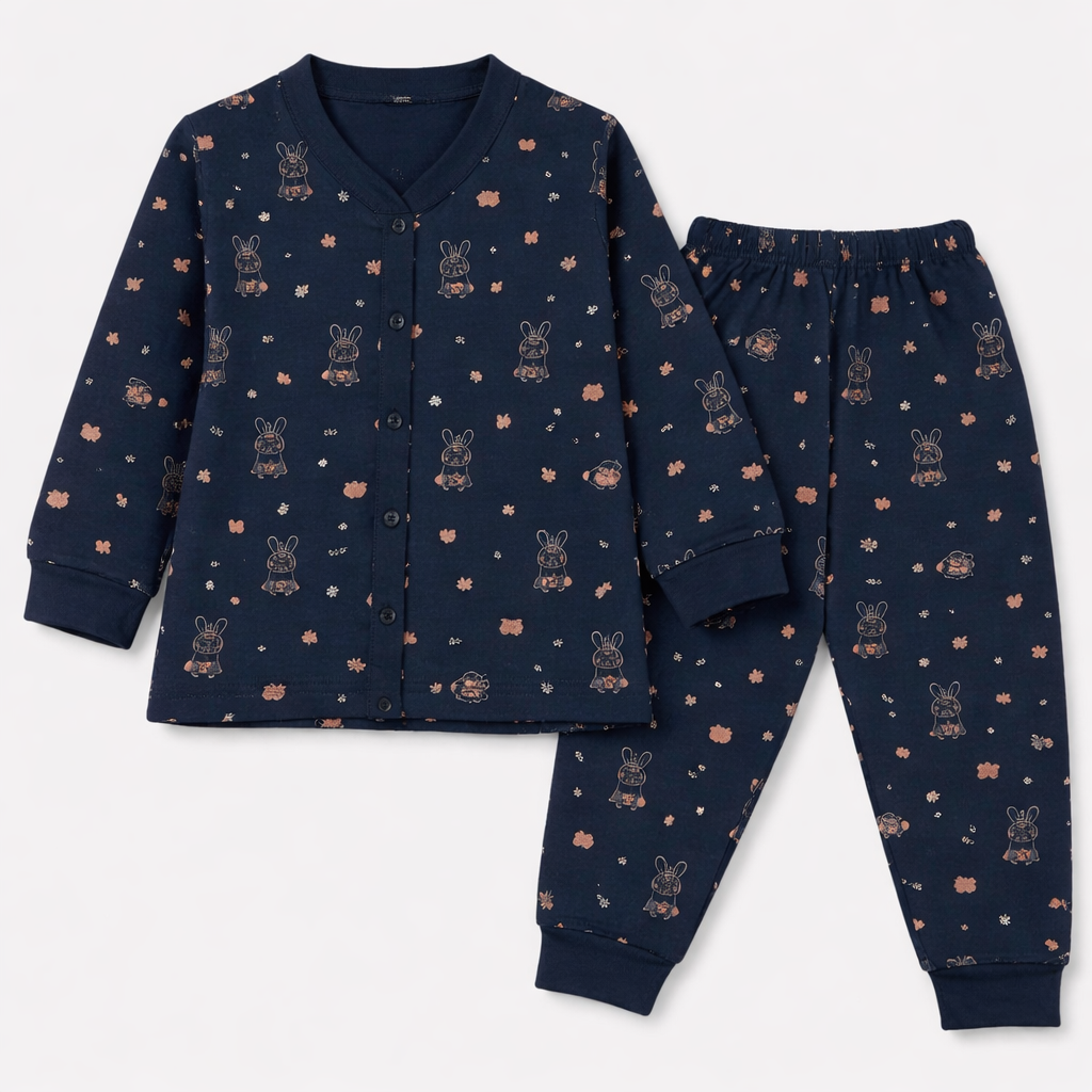 Krunchy Navy Blue Bunny Print Kids Co-Ord Set – Full Sleeve Cotton Top & Jogger Pants  - Cutypi