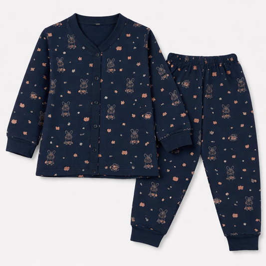 Krunchy Navy Blue Bunny Print Kids Co-Ord Set – Full Sleeve Cotton Top & Jogger Pants  - Cutypi