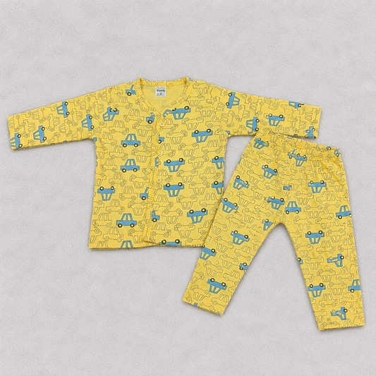 Yellow Car Print Kids Co-Ord Set – Full Sleeve Button Shirt & Matching Pants