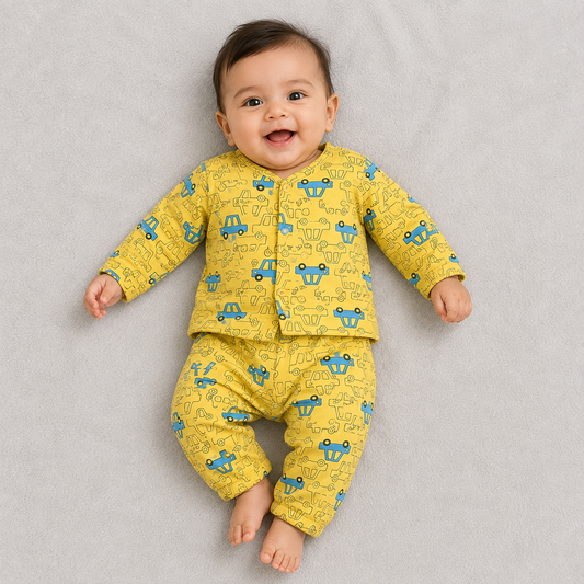 Yellow Car Print Kids Co-Ord Set – Full Sleeve Button Shirt & Matching Pants