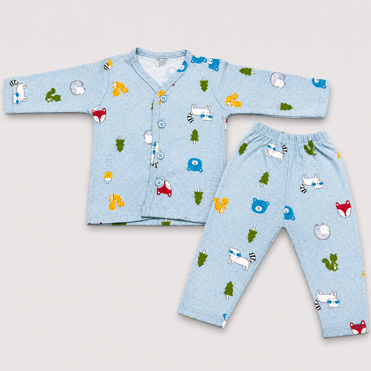 Kunchy baby sky blue cotton full sleeve front open top and pant set with cute animal print for newborn babies