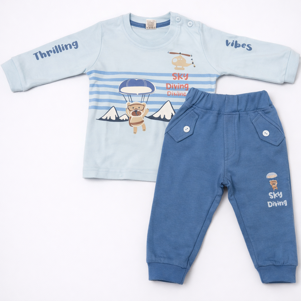 Krunchy Baby Boys Sky Diving Blue Printed Clothing Set  - Cutypi
