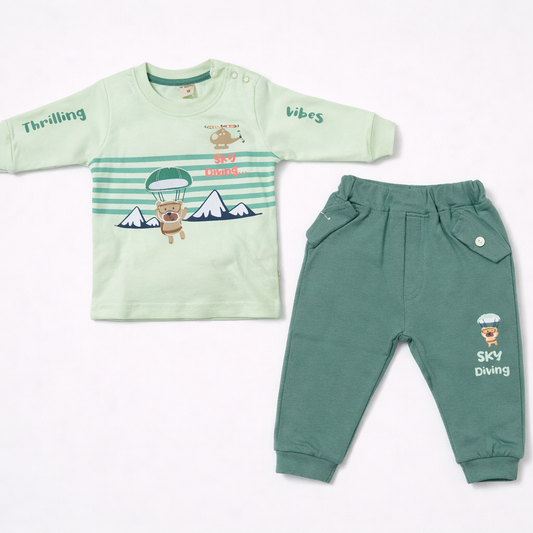 Krunchy Baby Boys Sky Diving Printed Green Clothing Set  - Cutypi
