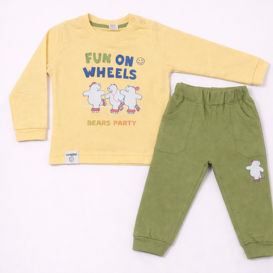 Krunchy Baby Boys Fun On Wheels Bears Party Yellow & Green Clothing Set  - Cutypi