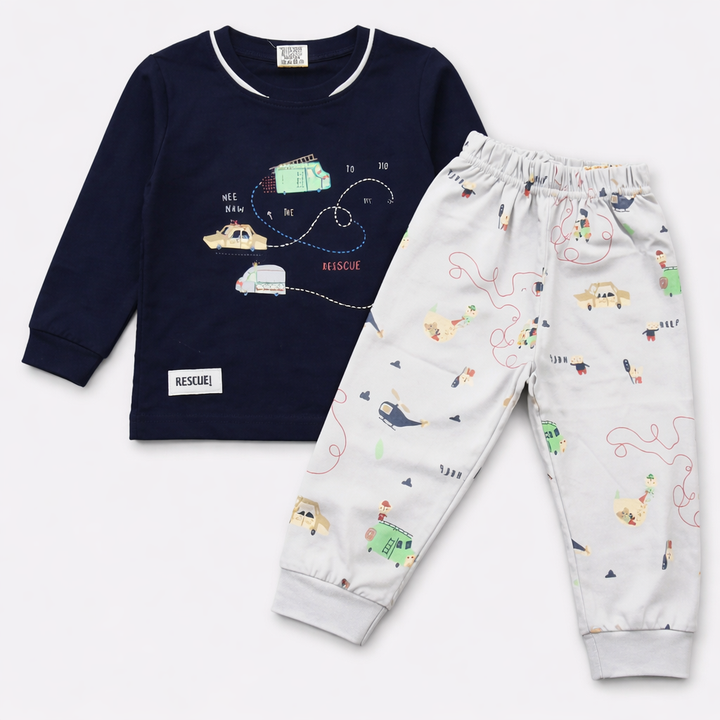 Krunchy Navy Blue Rescue Print Kids Co-Ord Set – Full Sleeve Cotton T-Shirt & Jogger Pants  - Cutypi