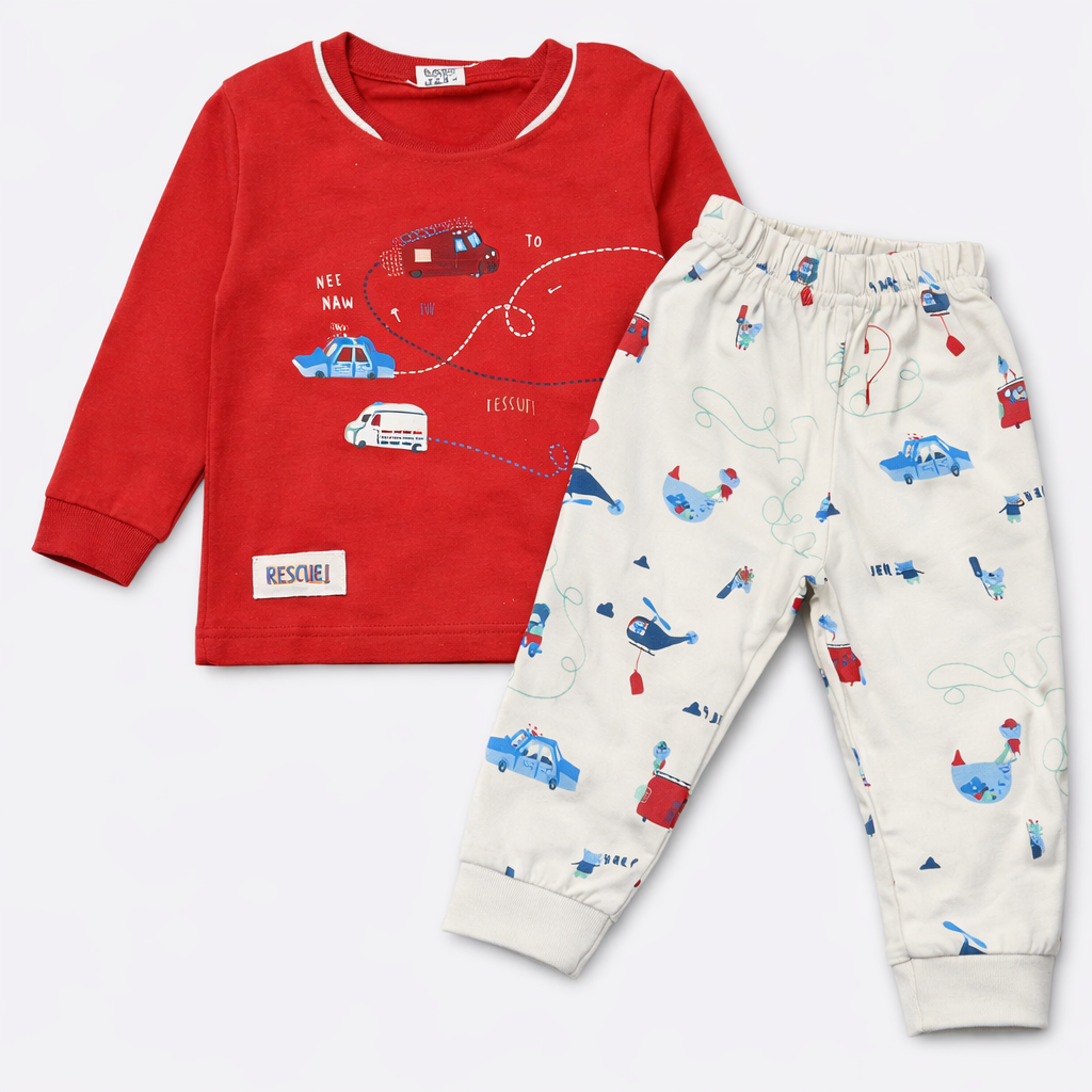 Krunchy Rescue Print Kids Co-Ord Set – Full Sleeve Cotton T-Shirt & Jogger Pants  - Cutypi