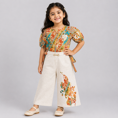 Auli Girls Printed Kurti with Cream Wide Leg Pants Ethnic 2 Piece Set for Kids | Cutypi