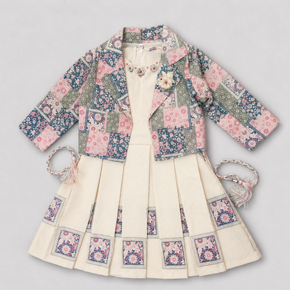 Girls Cream Frock Dress with Printed Jacket & Floral Details
