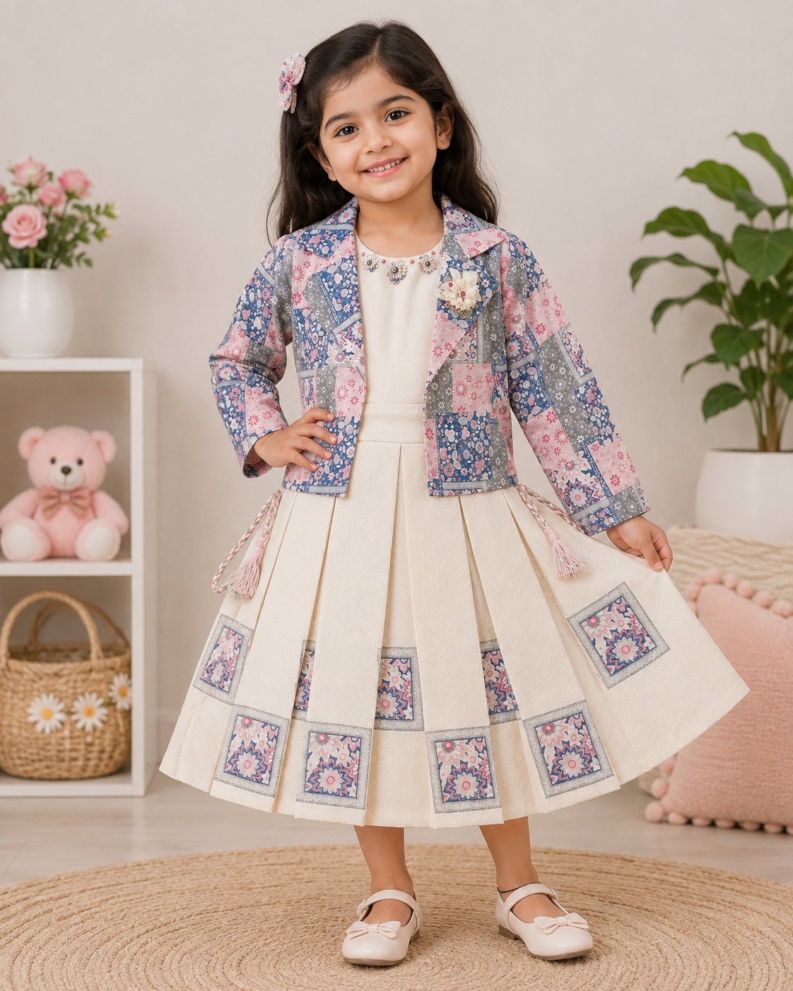 Auli girls cream frock dress with printed floral jacket and decorative details | Cutypi