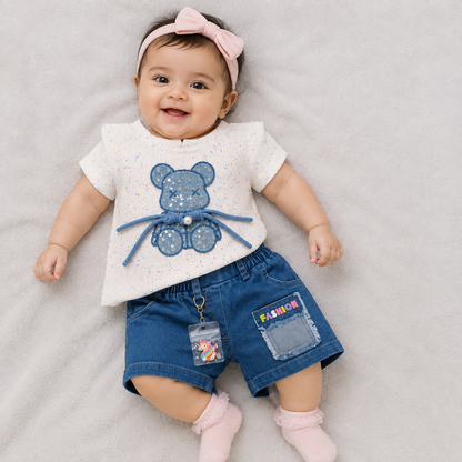 Blue Berry girls white teddy bear print top with blue denim shorts set