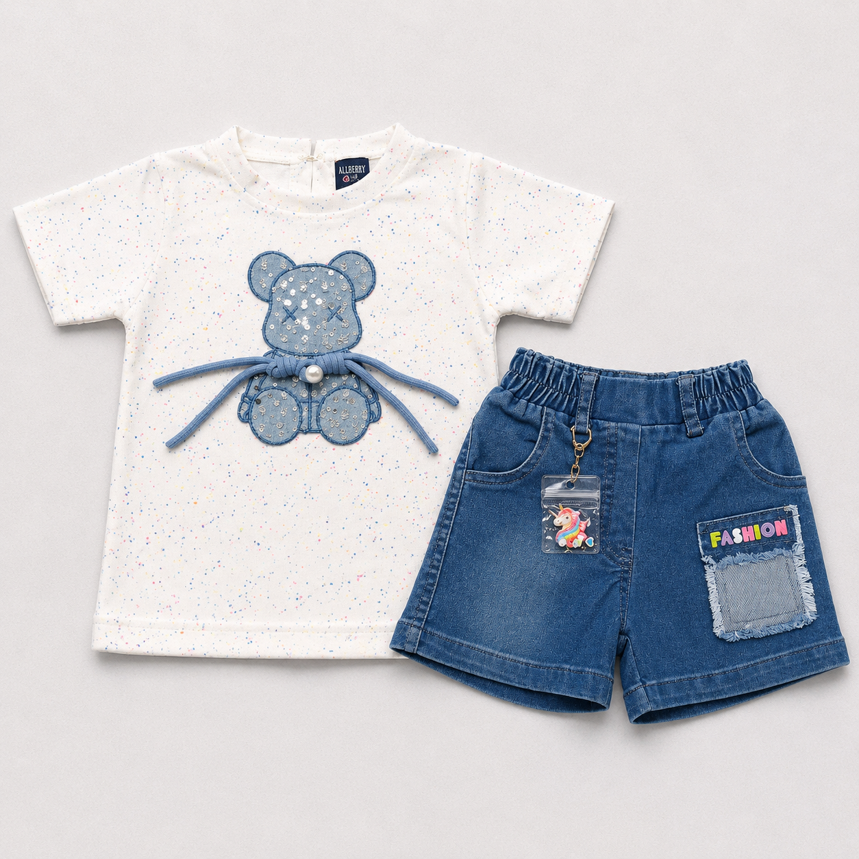 Blue Berry Girls White Teddy Print Top & Denim Shorts Set | Casual Outfit