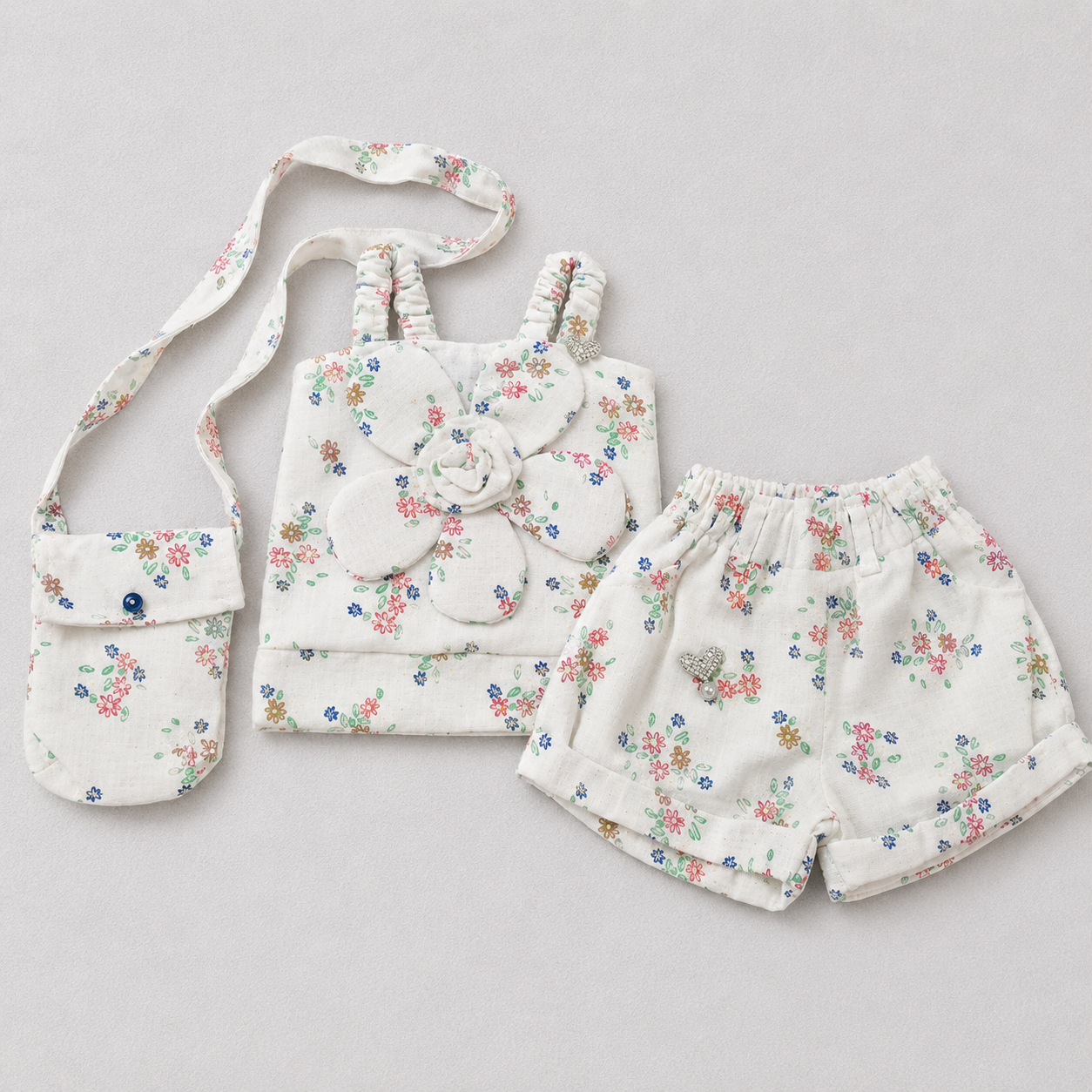 Girls floral print top and shorts set with matching sling bag
