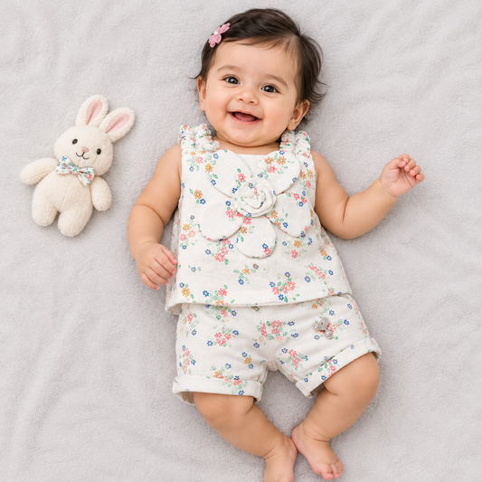 Girls Floral Top & Shorts Set with Sling Bag | Casual Outfit