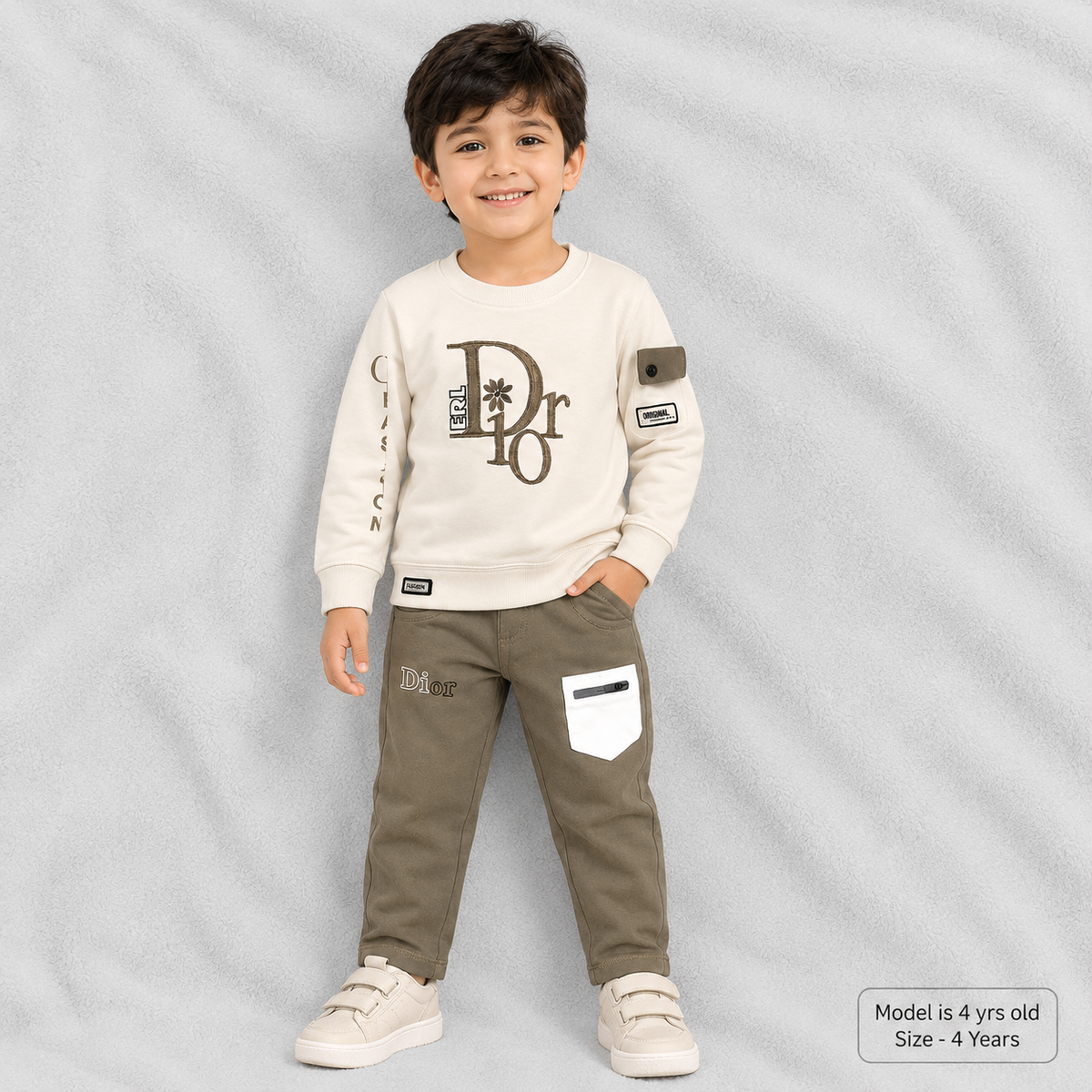 Kids Dior Style Cream Sweatshirt & Khaki Pants Set