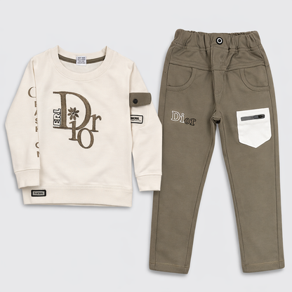 First Day Kids Dior Style Cream Sweatshirt & Khaki Pants Set  - Cutypi