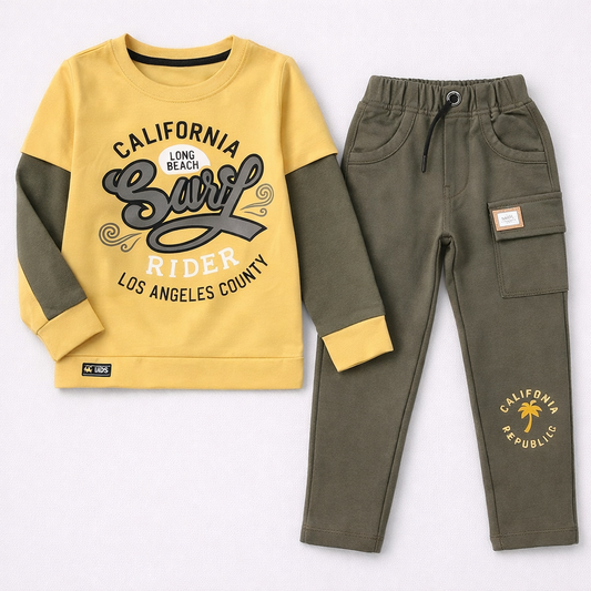 First Day Kids California Surf Rider Yellow Sweatshirt & Olive Pants Set  - Cutypi