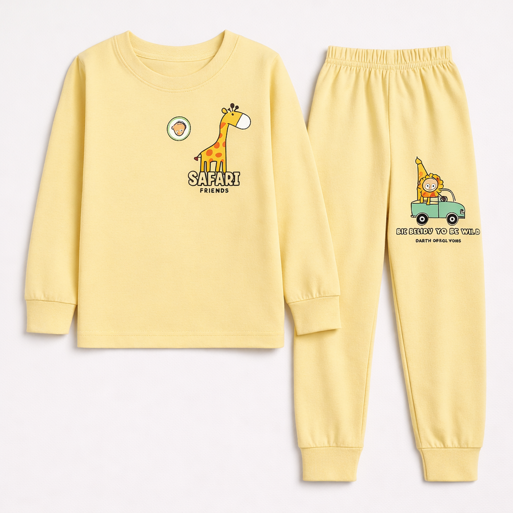 Hazelnut Yellow Safari Friends Kids Co-Ord Set – Full Sleeve Cotton T-Shirt & Jogger Pants  - Cutypi