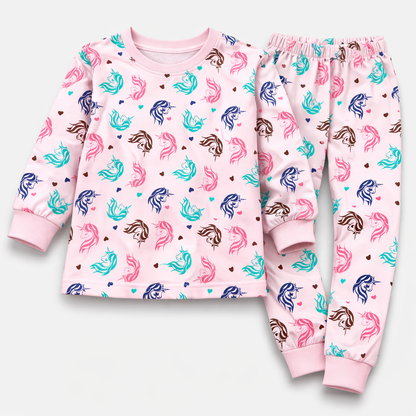 Hazelnut Pink Unicorn Print Kids Co-Ord Set – Full Sleeve Cotton T-Shirt & Jogger Pants  - Cutypi